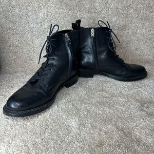 Sam Edelman Black Leather Lace-Up Combat Boots with Side Zip